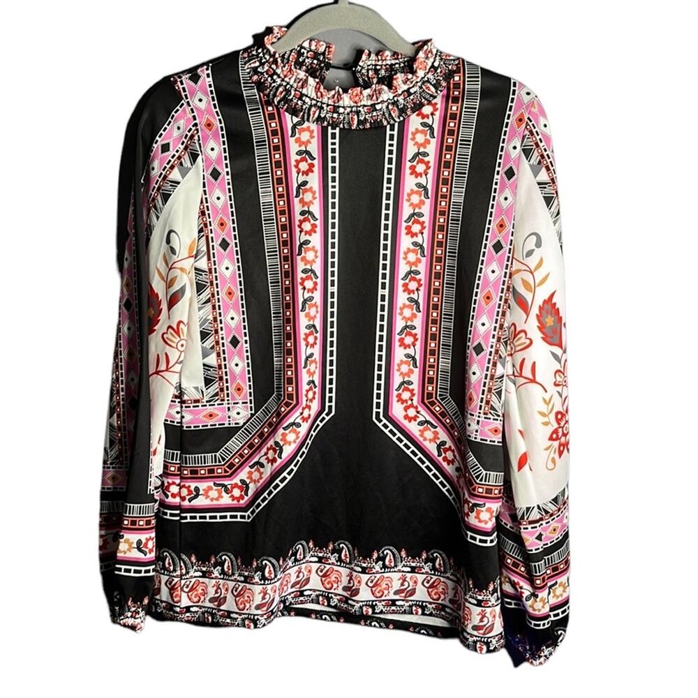 Halife Black Pink Print High Neck Long Sleeve Blouse Small
